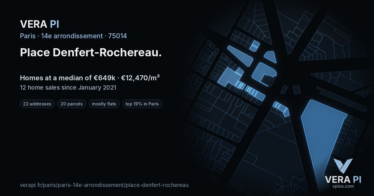 Place Denfert-Rochereau, 14e arrondissement at night – every parcel coloured by the prices around it, the street's own parcels lit