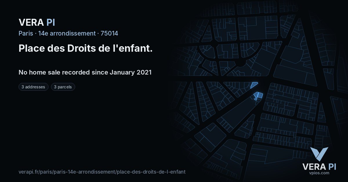 Place des Droits de l'enfant, 14e arrondissement at night – every parcel coloured by the prices around it, the street's own parcels lit
