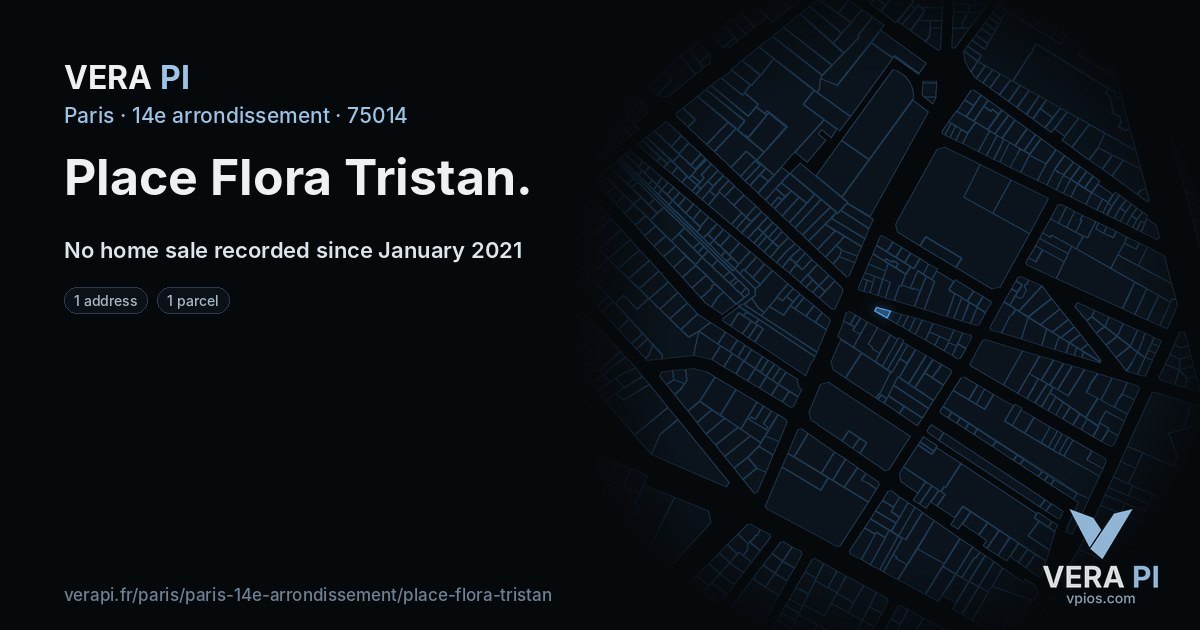 Place Flora Tristan, 14e arrondissement at night – every parcel coloured by the prices around it, the street's own parcels lit