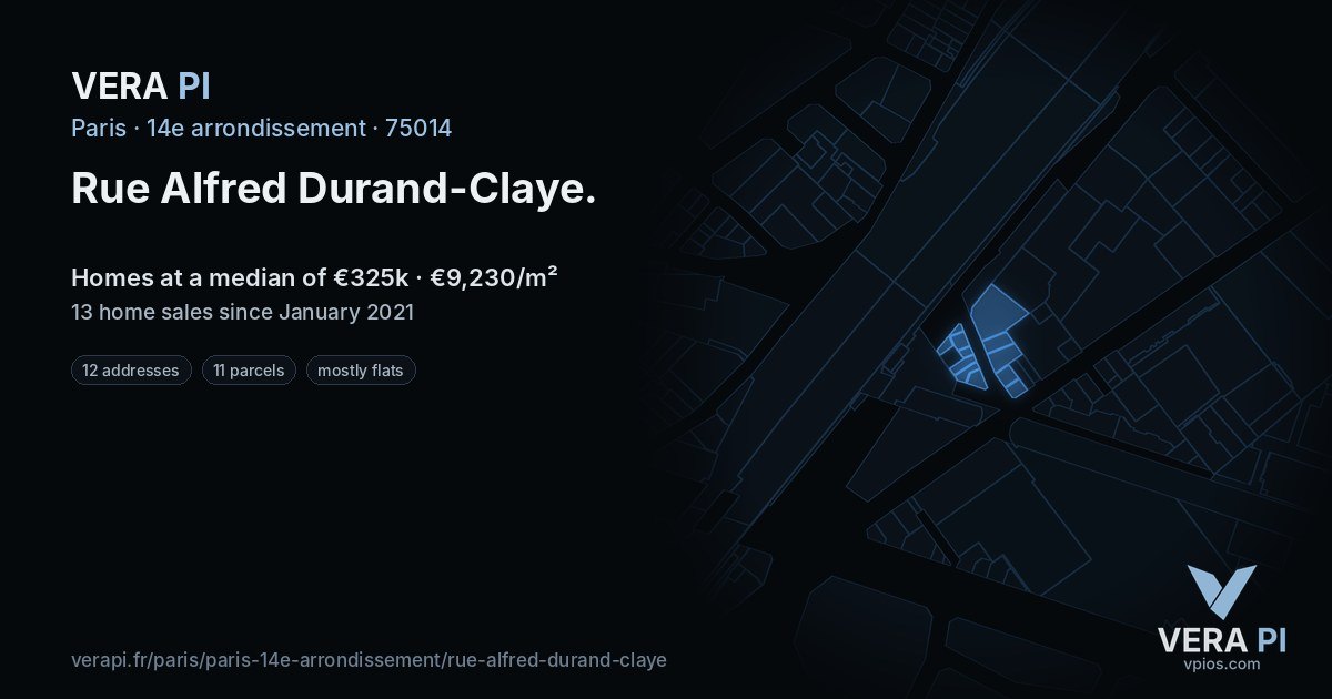 Rue Alfred Durand-Claye, 14e arrondissement at night – every parcel coloured by the prices around it, the street's own parcels lit