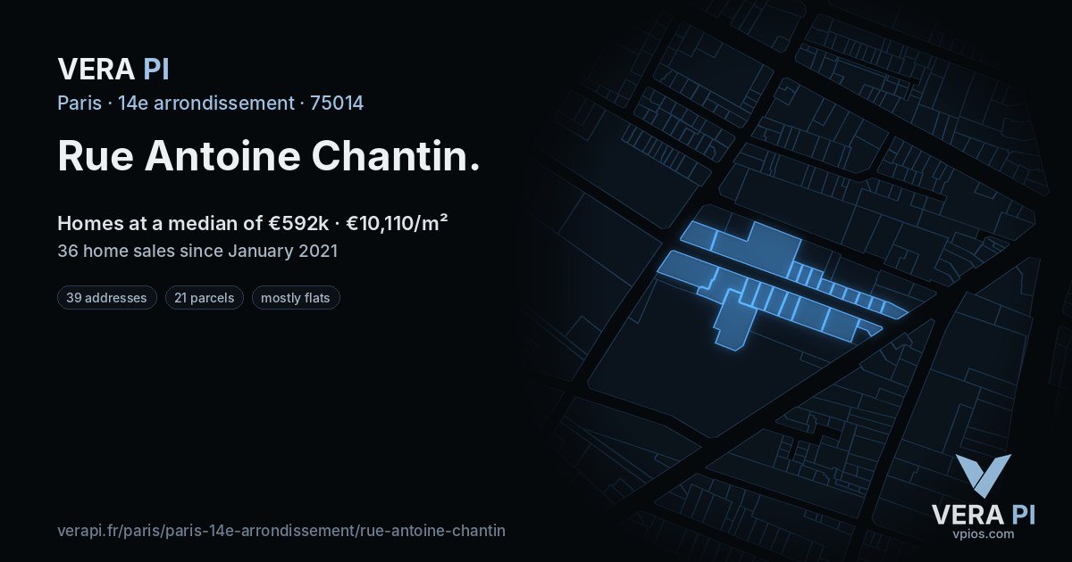 Rue Antoine Chantin, 14e arrondissement at night – every parcel coloured by the prices around it, the street's own parcels lit
