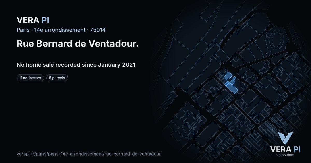 Rue Bernard de Ventadour, 14e arrondissement at night – every parcel coloured by the prices around it, the street's own parcels lit