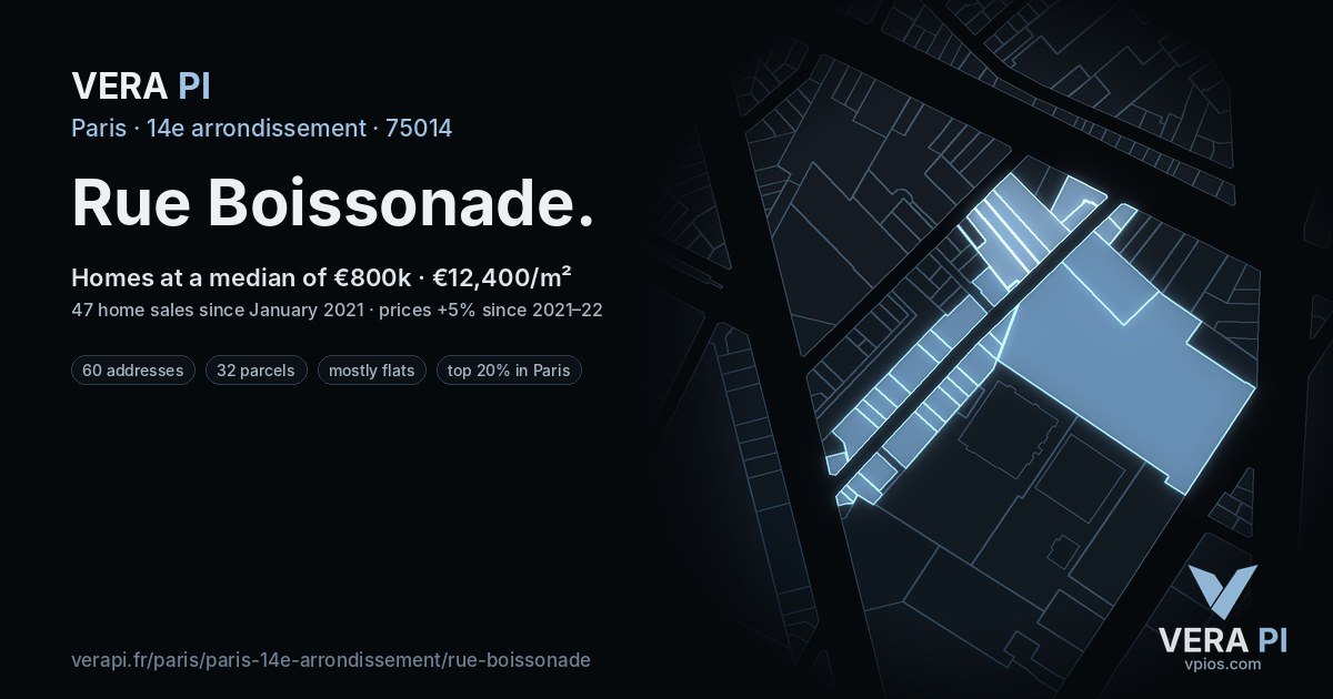 Rue Boissonade, 14e arrondissement at night – every parcel coloured by the prices around it, the street's own parcels lit