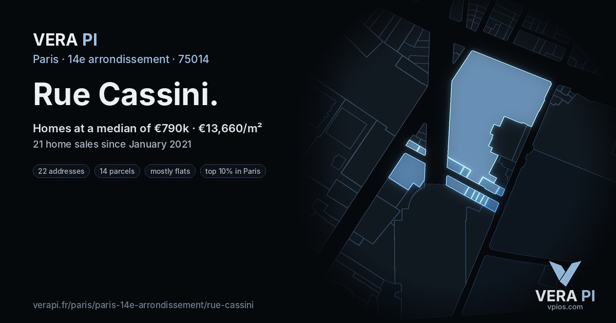Rue Cassini, 14e arrondissement at night – every parcel coloured by the prices around it, the street's own parcels lit