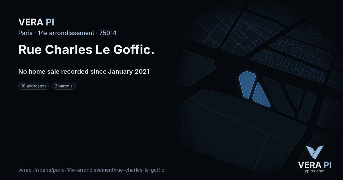 Rue Charles Le Goffic, 14e arrondissement at night – every parcel coloured by the prices around it, the street's own parcels lit