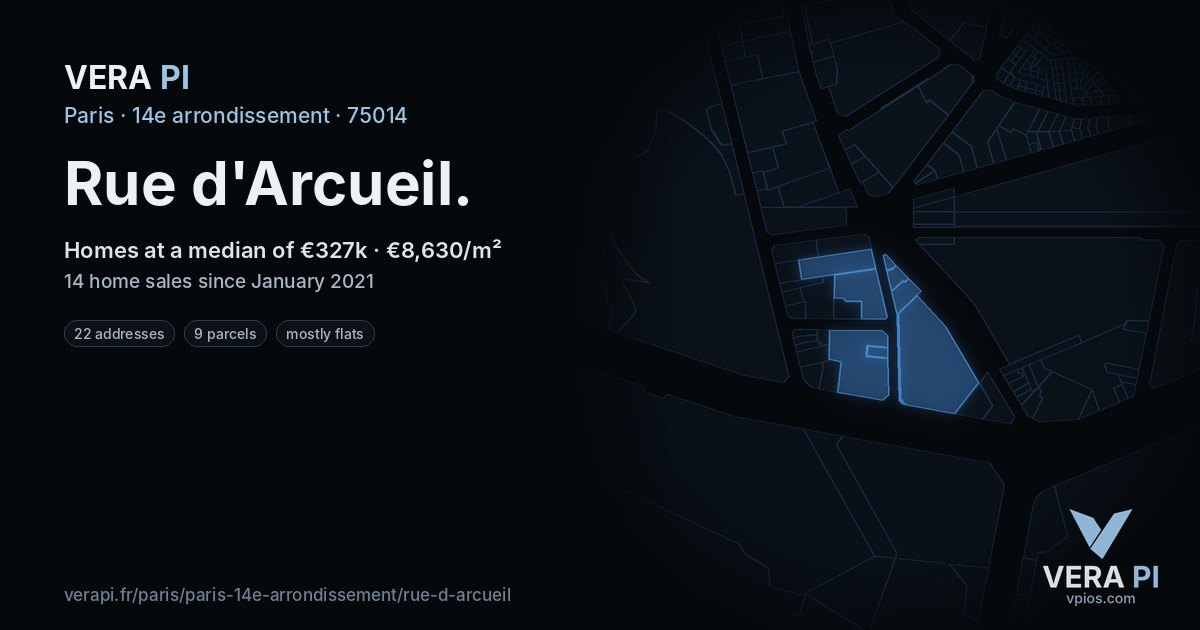 Rue d'Arcueil, 14e arrondissement at night – every parcel coloured by the prices around it, the street's own parcels lit