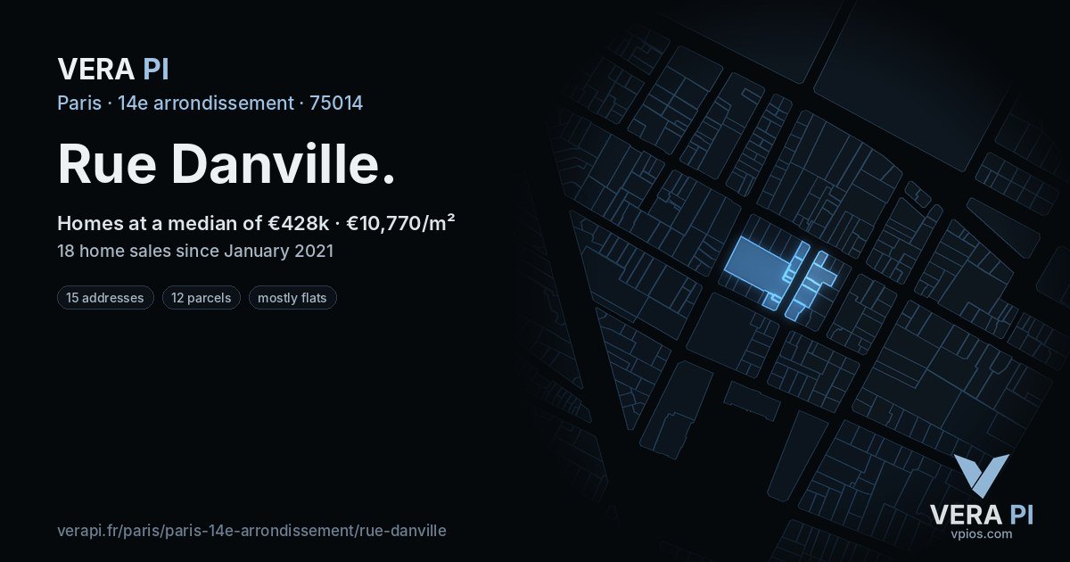 Rue Danville, 14e arrondissement at night – every parcel coloured by the prices around it, the street's own parcels lit