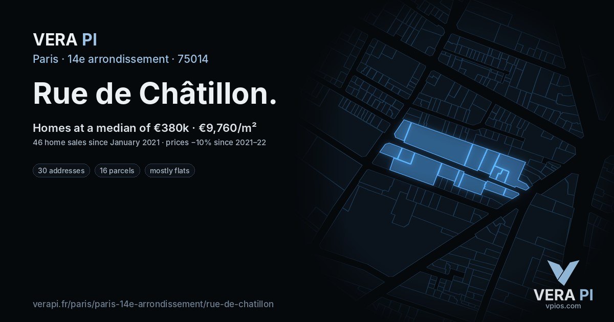 Rue de Châtillon, 14e arrondissement at night – every parcel coloured by the prices around it, the street's own parcels lit