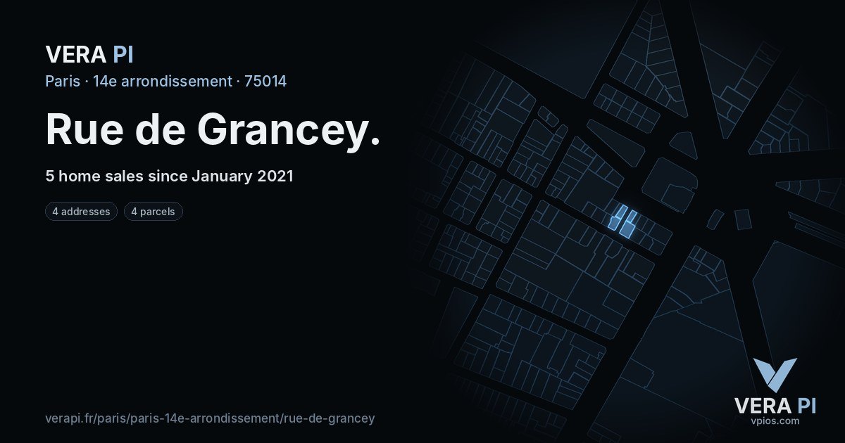 Rue de Grancey, 14e arrondissement at night – every parcel coloured by the prices around it, the street's own parcels lit