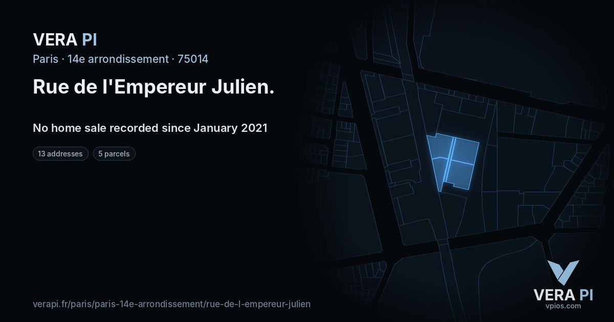 Rue de l'Empereur Julien, 14e arrondissement at night – every parcel coloured by the prices around it, the street's own parcels lit