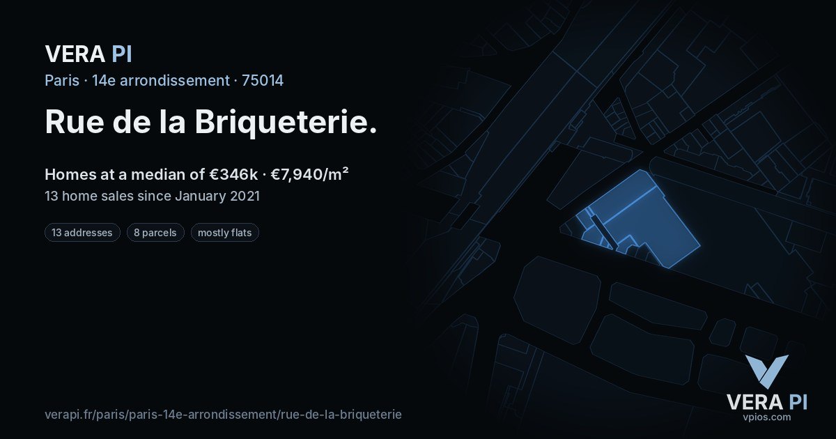 Rue de la Briqueterie, 14e arrondissement at night – every parcel coloured by the prices around it, the street's own parcels lit