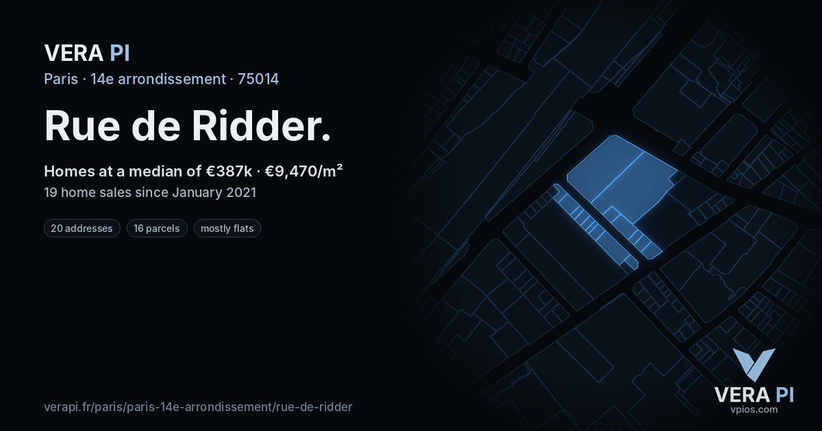 Rue de Ridder, 14e arrondissement at night – every parcel coloured by the prices around it, the street's own parcels lit