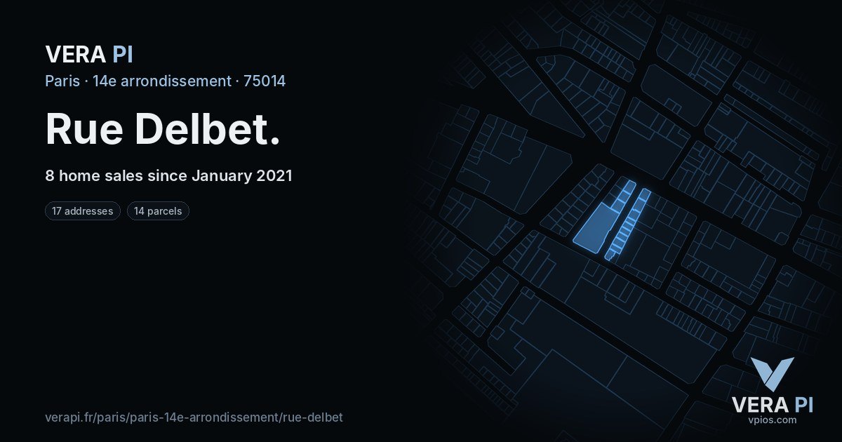 Rue Delbet, 14e arrondissement at night – every parcel coloured by the prices around it, the street's own parcels lit