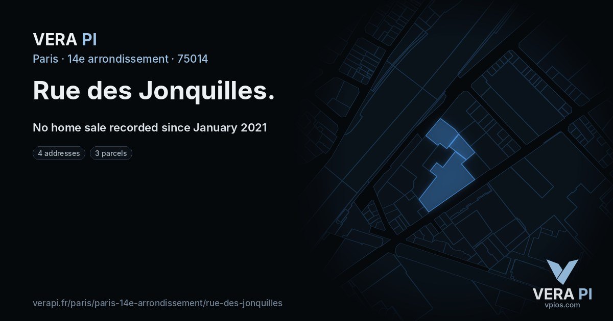 Rue des Jonquilles, 14e arrondissement at night – every parcel coloured by the prices around it, the street's own parcels lit
