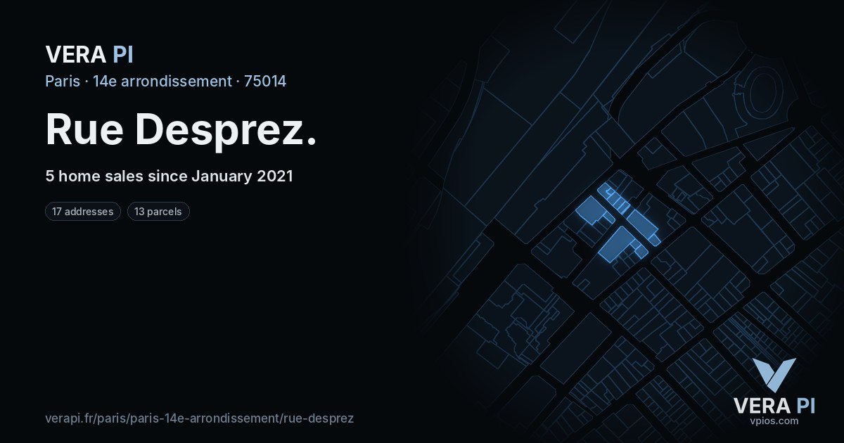 Rue Desprez, 14e arrondissement at night – every parcel coloured by the prices around it, the street's own parcels lit