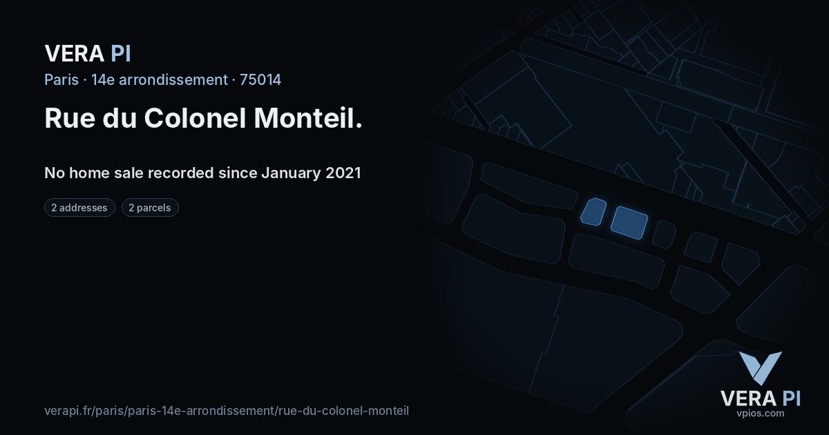 Rue du Colonel Monteil, 14e arrondissement at night – every parcel coloured by the prices around it, the street's own parcels lit