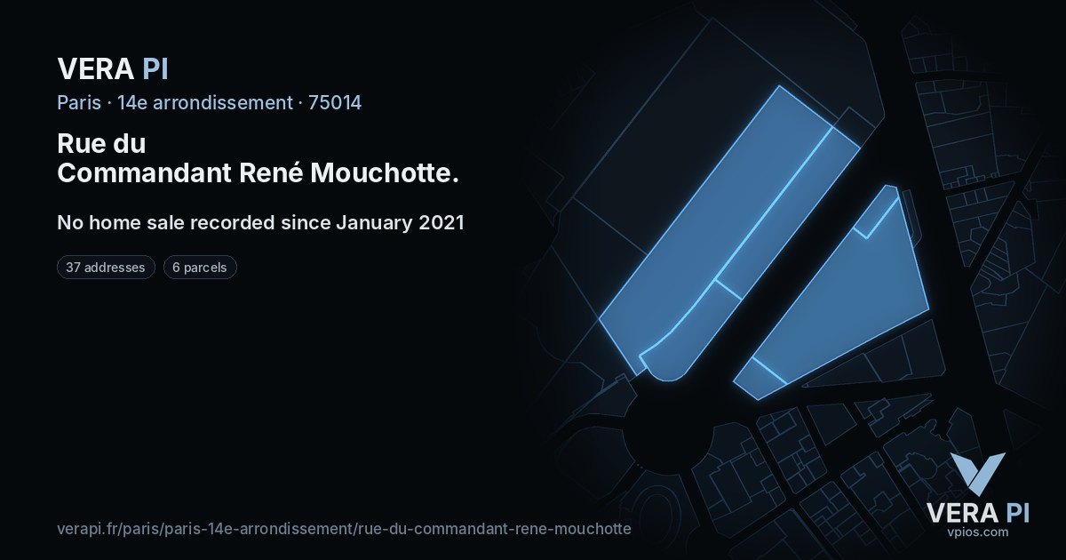 Rue du Commandant René Mouchotte, 14e arrondissement at night – every parcel coloured by the prices around it, the street's own parcels lit