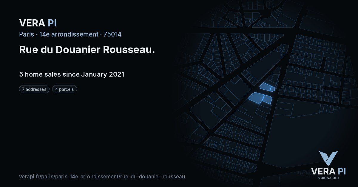 Rue du Douanier Rousseau, 14e arrondissement at night – every parcel coloured by the prices around it, the street's own parcels lit