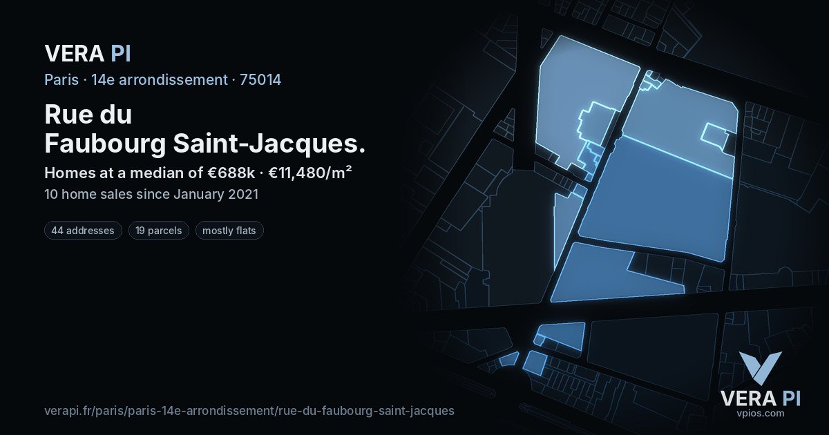 Rue du Faubourg Saint-Jacques, 14e arrondissement at night – every parcel coloured by the prices around it, the street's own parcels lit