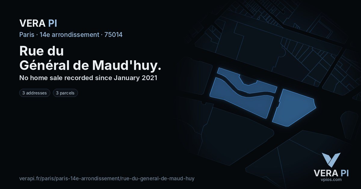 Rue du Général de Maud'huy, 14e arrondissement at night – every parcel coloured by the prices around it, the street's own parcels lit