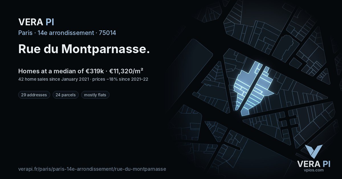 Rue du Montparnasse, 14e arrondissement at night – every parcel coloured by the prices around it, the street's own parcels lit