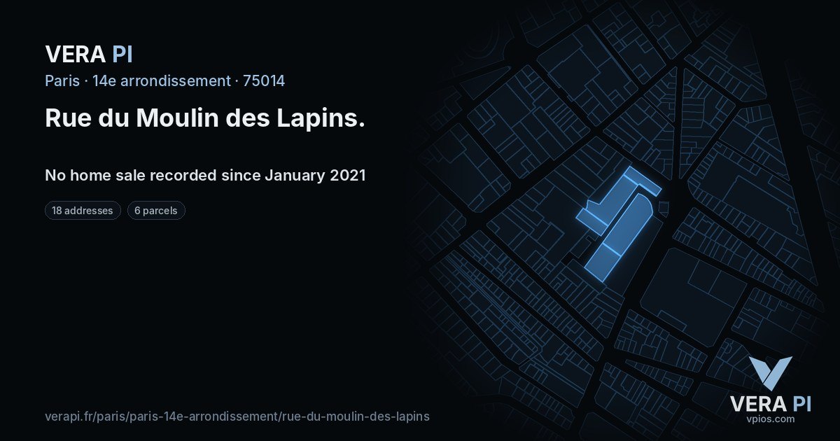 Rue du Moulin des Lapins, 14e arrondissement at night – every parcel coloured by the prices around it, the street's own parcels lit