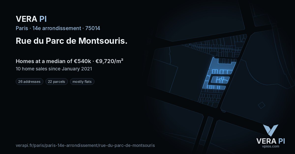 Rue du Parc de Montsouris, 14e arrondissement at night – every parcel coloured by the prices around it, the street's own parcels lit