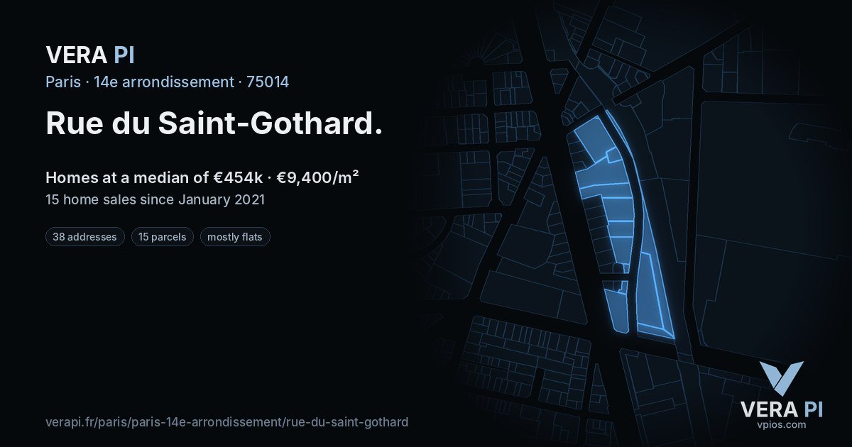 Rue du Saint-Gothard, 14e arrondissement at night – every parcel coloured by the prices around it, the street's own parcels lit