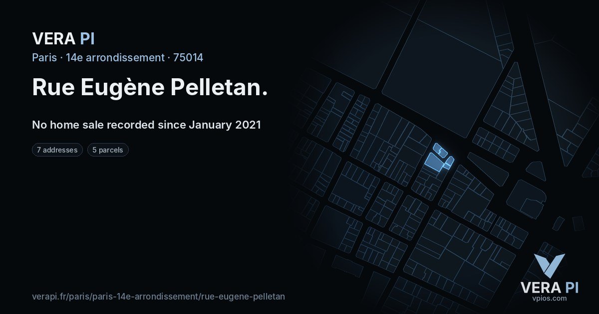 Rue Eugène Pelletan, 14e arrondissement at night – every parcel coloured by the prices around it, the street's own parcels lit