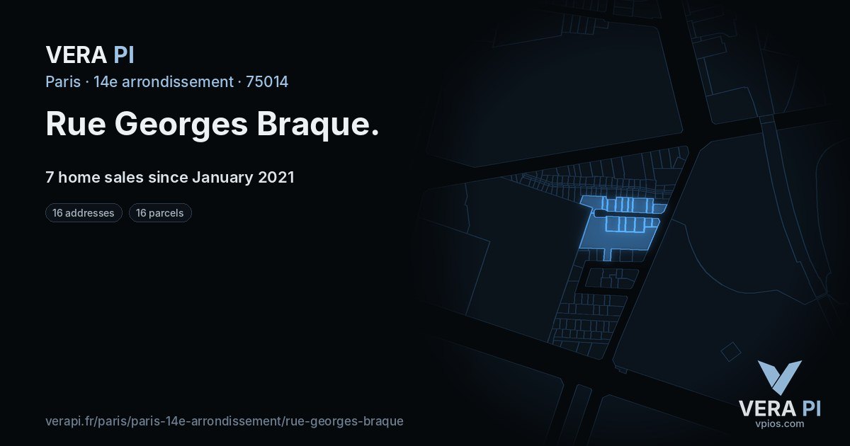 Rue Georges Braque, 14e arrondissement at night – every parcel coloured by the prices around it, the street's own parcels lit