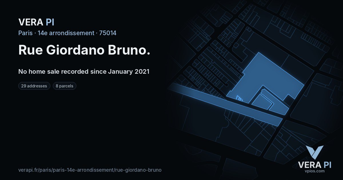 Rue Giordano Bruno, 14e arrondissement at night – every parcel coloured by the prices around it, the street's own parcels lit