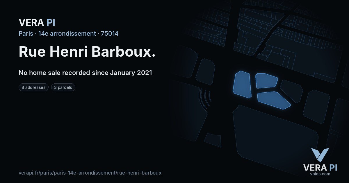 Rue Henri Barboux, 14e arrondissement at night – every parcel coloured by the prices around it, the street's own parcels lit