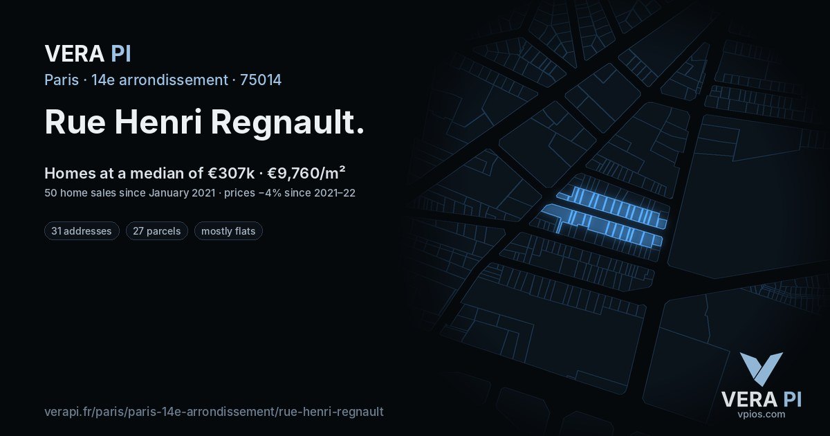 Rue Henri Regnault, 14e arrondissement at night – every parcel coloured by the prices around it, the street's own parcels lit