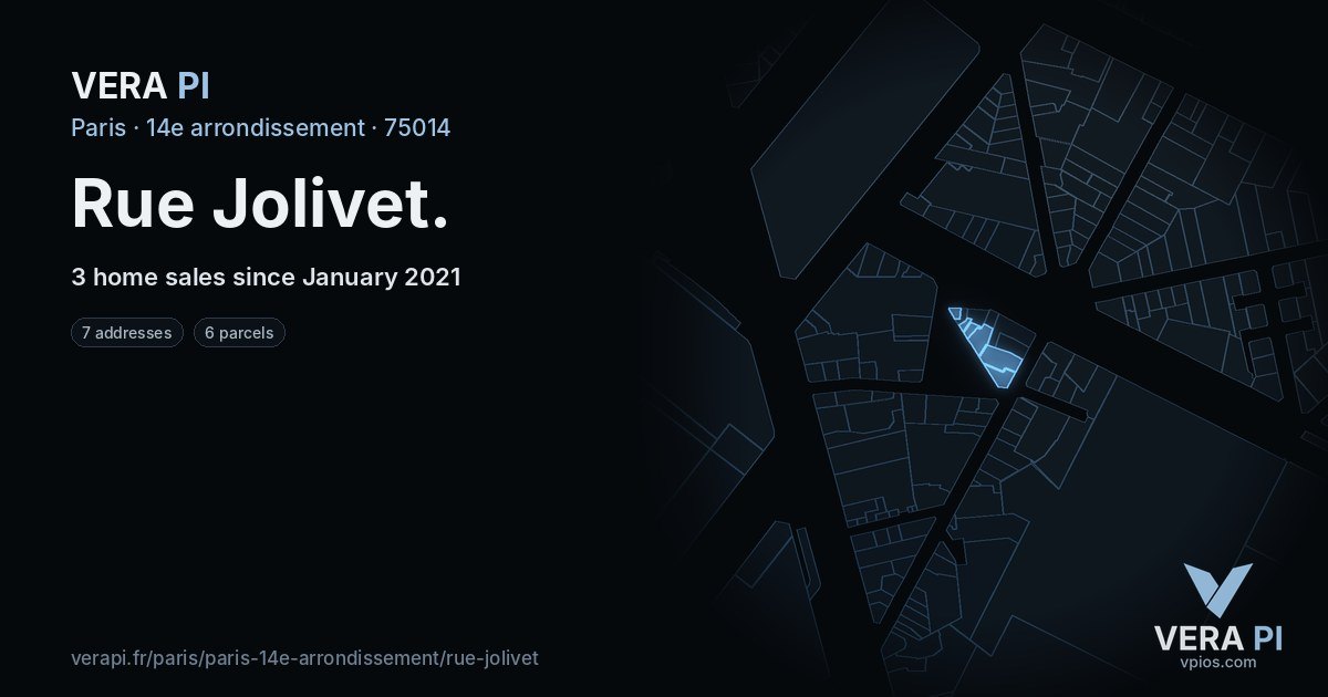Rue Jolivet, 14e arrondissement at night – every parcel coloured by the prices around it, the street's own parcels lit
