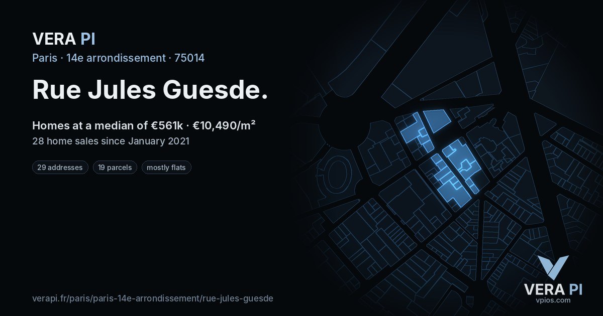 Rue Jules Guesde, 14e arrondissement at night – every parcel coloured by the prices around it, the street's own parcels lit