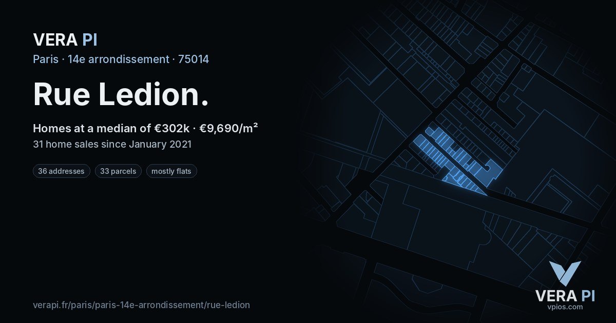 Rue Ledion, 14e arrondissement at night – every parcel coloured by the prices around it, the street's own parcels lit