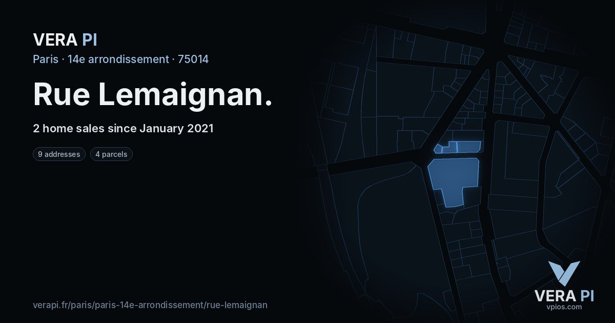 Rue Lemaignan, 14e arrondissement at night – every parcel coloured by the prices around it, the street's own parcels lit