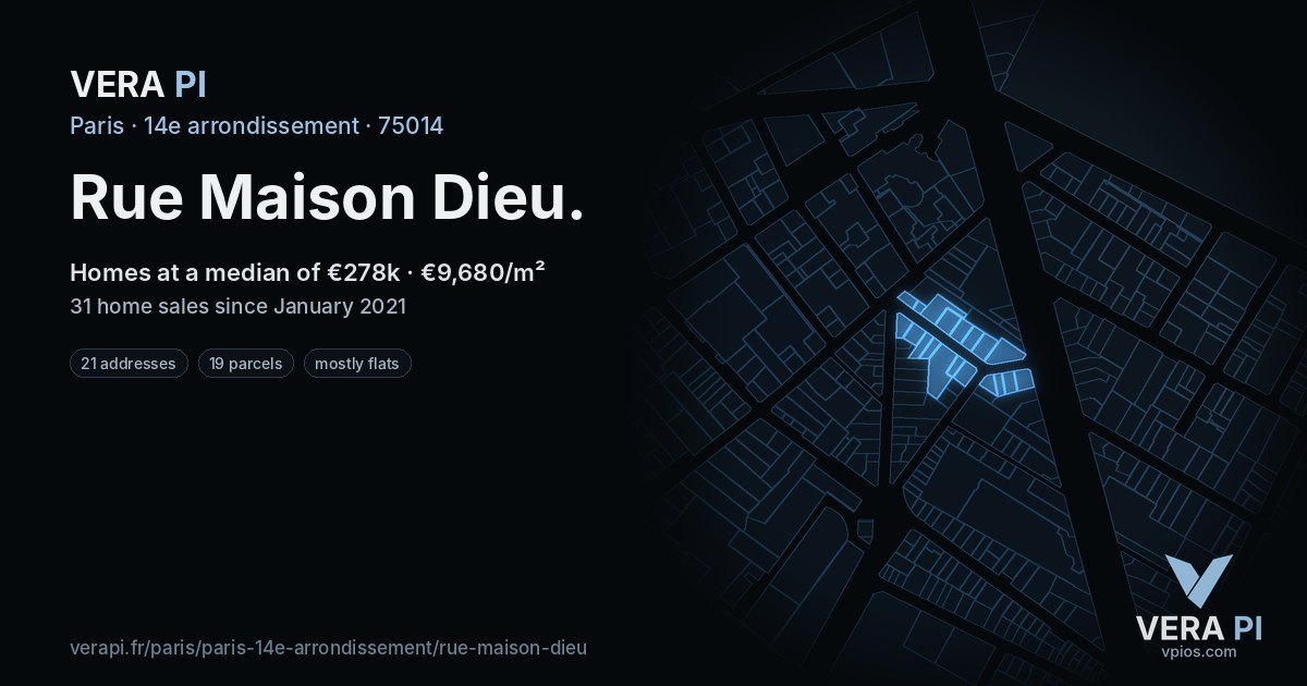 Rue Maison Dieu, 14e arrondissement at night – every parcel coloured by the prices around it, the street's own parcels lit