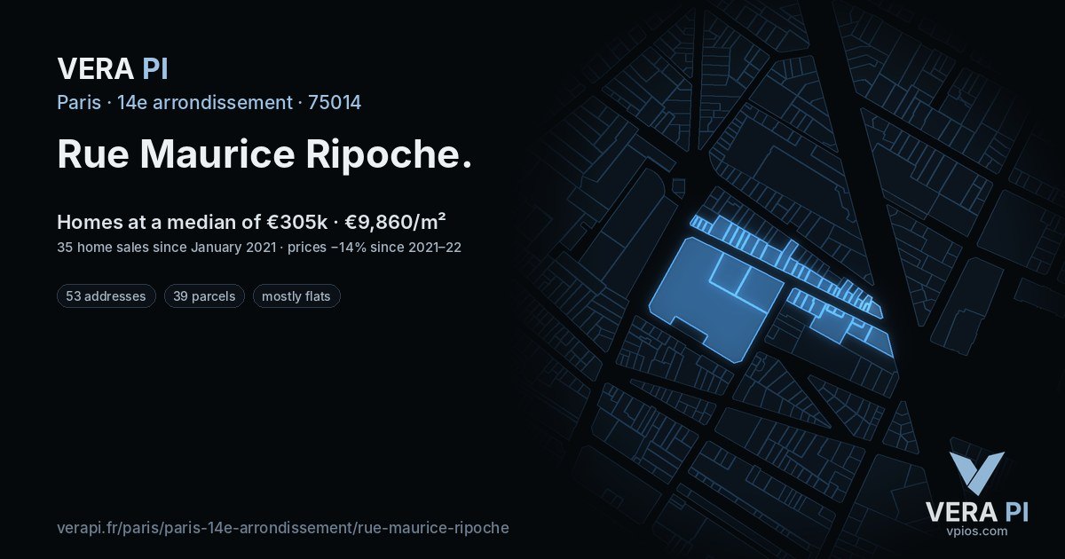 Rue Maurice Ripoche, 14e arrondissement at night – every parcel coloured by the prices around it, the street's own parcels lit
