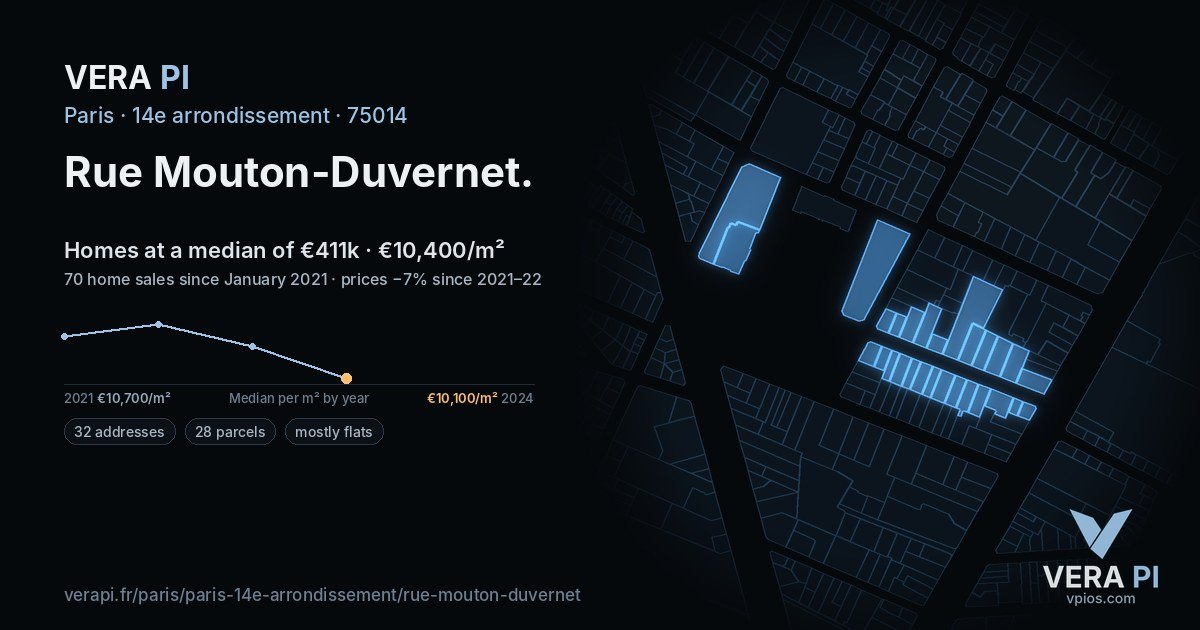 Rue Mouton-Duvernet, 14e arrondissement at night – every parcel coloured by the prices around it, the street's own parcels lit