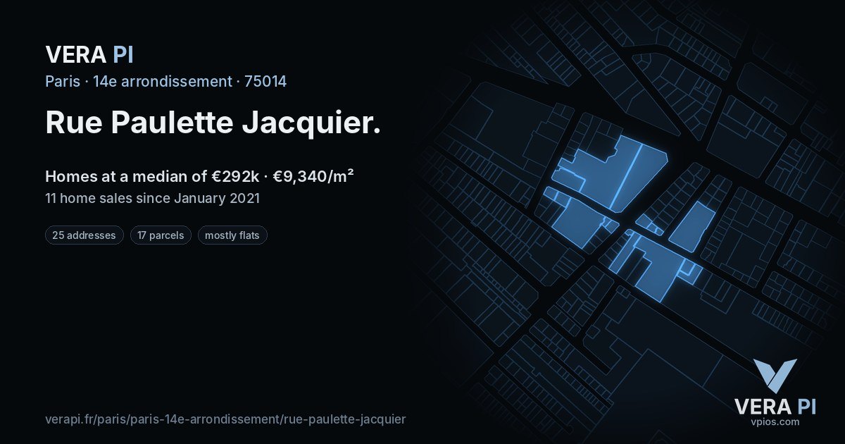 Rue Paulette Jacquier, 14e arrondissement at night – every parcel coloured by the prices around it, the street's own parcels lit