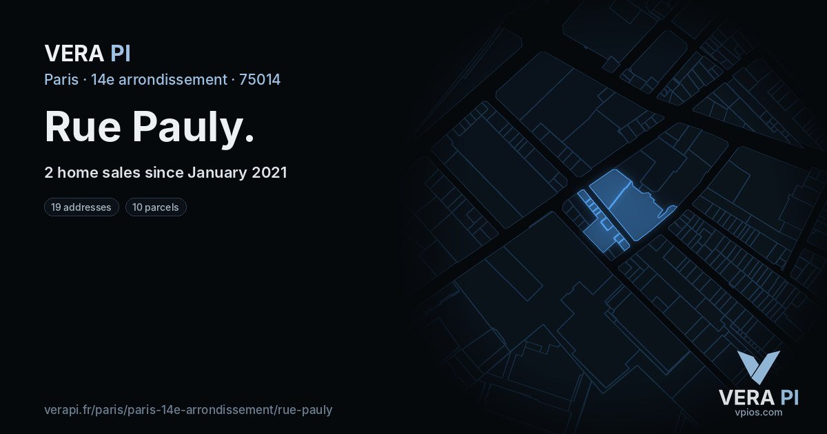 Rue Pauly, 14e arrondissement at night – every parcel coloured by the prices around it, the street's own parcels lit