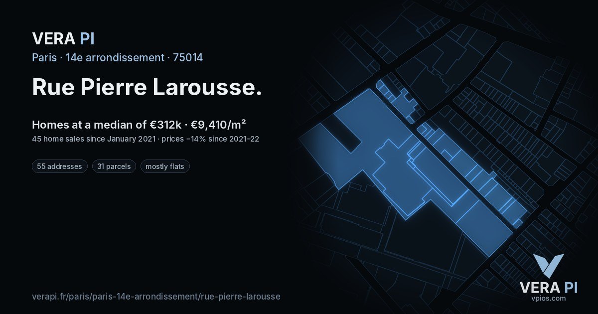 Rue Pierre Larousse, 14e arrondissement at night – every parcel coloured by the prices around it, the street's own parcels lit