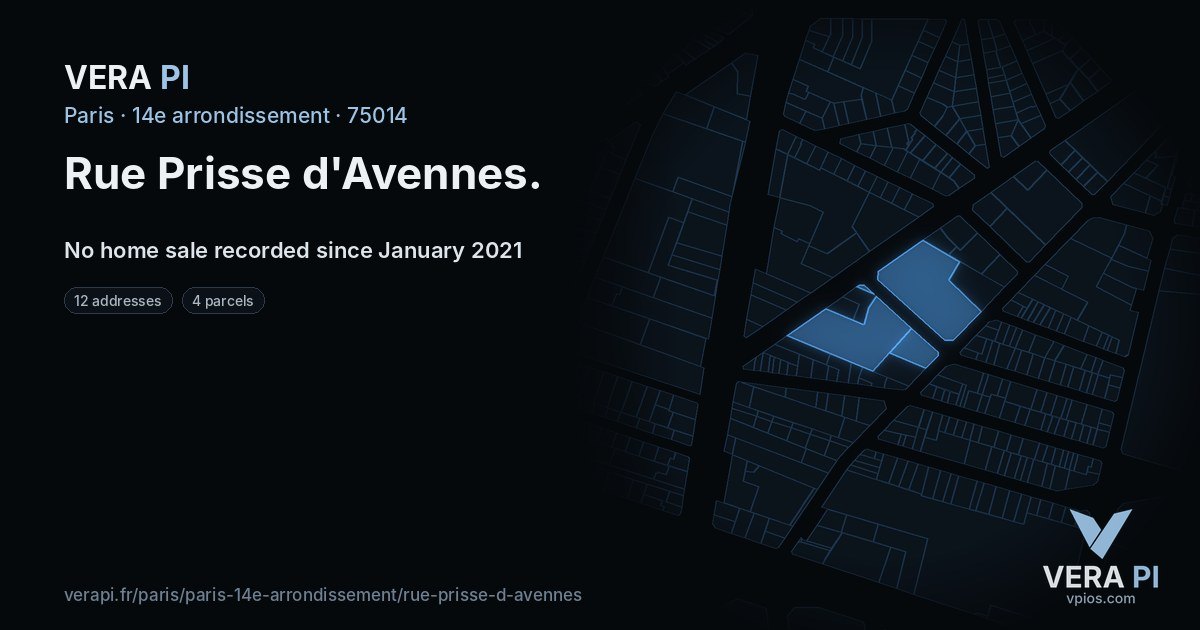 Rue Prisse d'Avennes, 14e arrondissement at night – every parcel coloured by the prices around it, the street's own parcels lit