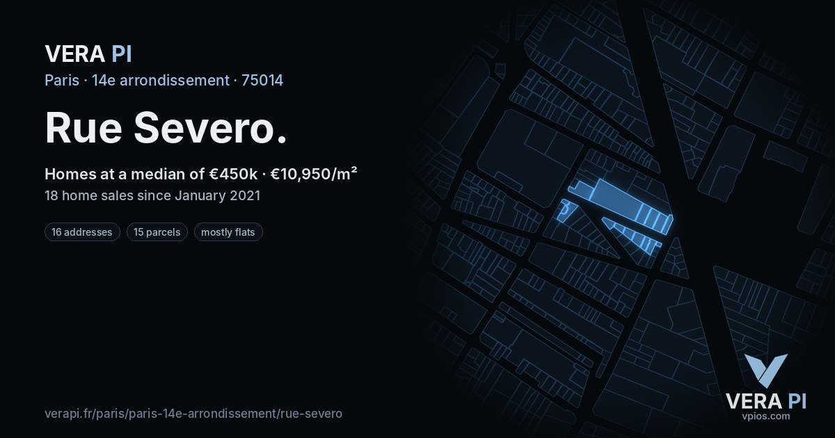 Rue Severo, 14e arrondissement at night – every parcel coloured by the prices around it, the street's own parcels lit
