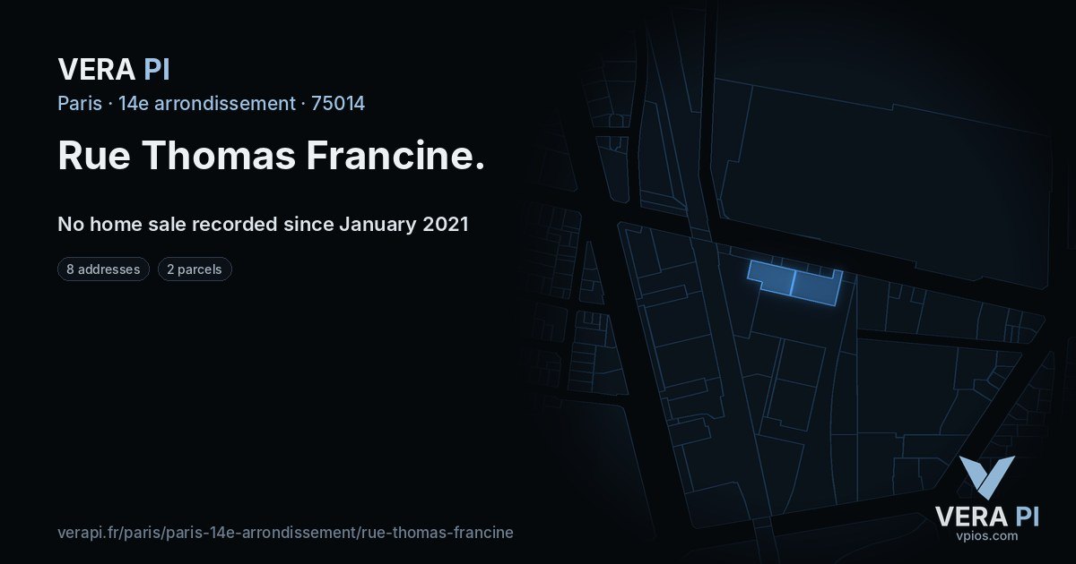 Rue Thomas Francine, 14e arrondissement at night – every parcel coloured by the prices around it, the street's own parcels lit