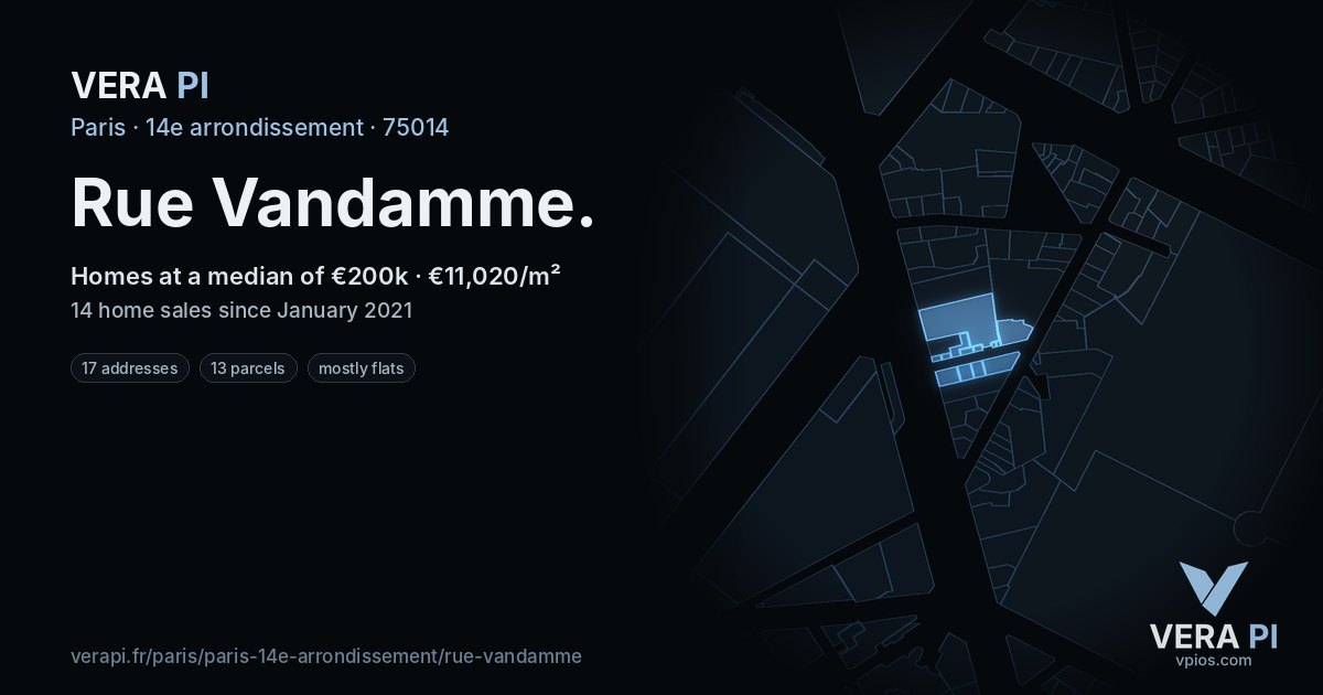 Rue Vandamme, 14e arrondissement at night – every parcel coloured by the prices around it, the street's own parcels lit