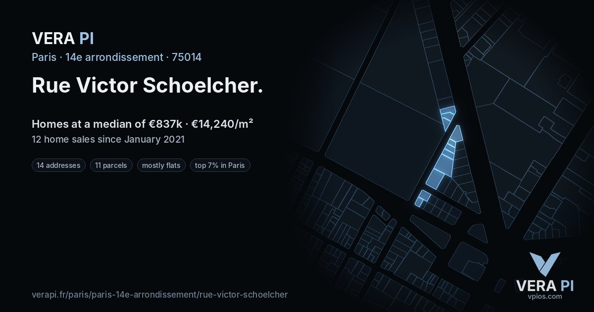 Rue Victor Schoelcher, 14e arrondissement at night – every parcel coloured by the prices around it, the street's own parcels lit