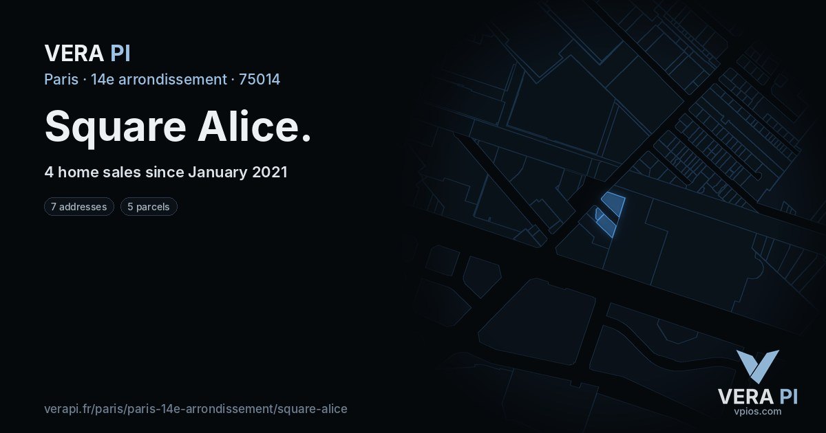 Square Alice, 14e arrondissement at night – every parcel coloured by the prices around it, the street's own parcels lit