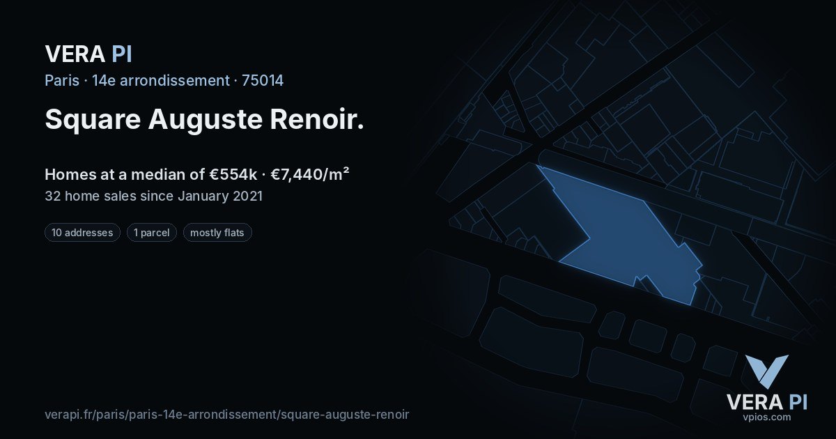 Square Auguste Renoir, 14e arrondissement at night – every parcel coloured by the prices around it, the street's own parcels lit